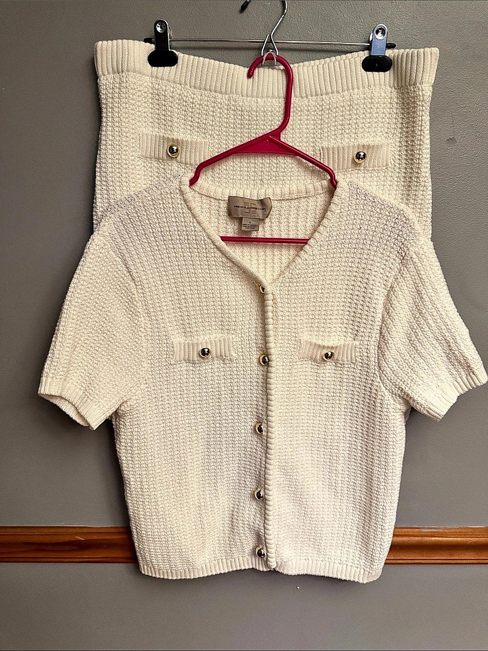 French Connection Cream Textured Knit 2-Piece Cardigan Skirt Set L